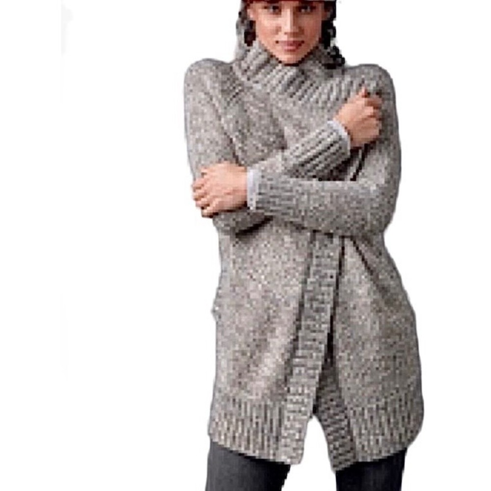 Prana Callisto Wrap Cardigan Sweater XS Taupe Oat Asymmetrical Snap Funnel Neck